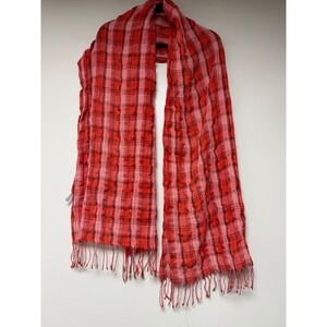 Italca Plaid Scarf Red White Black Fringe‎ Made in Italy Lightweight